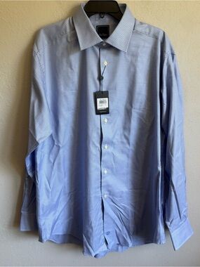 Mens 17.5 NWT Blue Houndstooth David Donahue Office Formal Prep Button Up Shirt